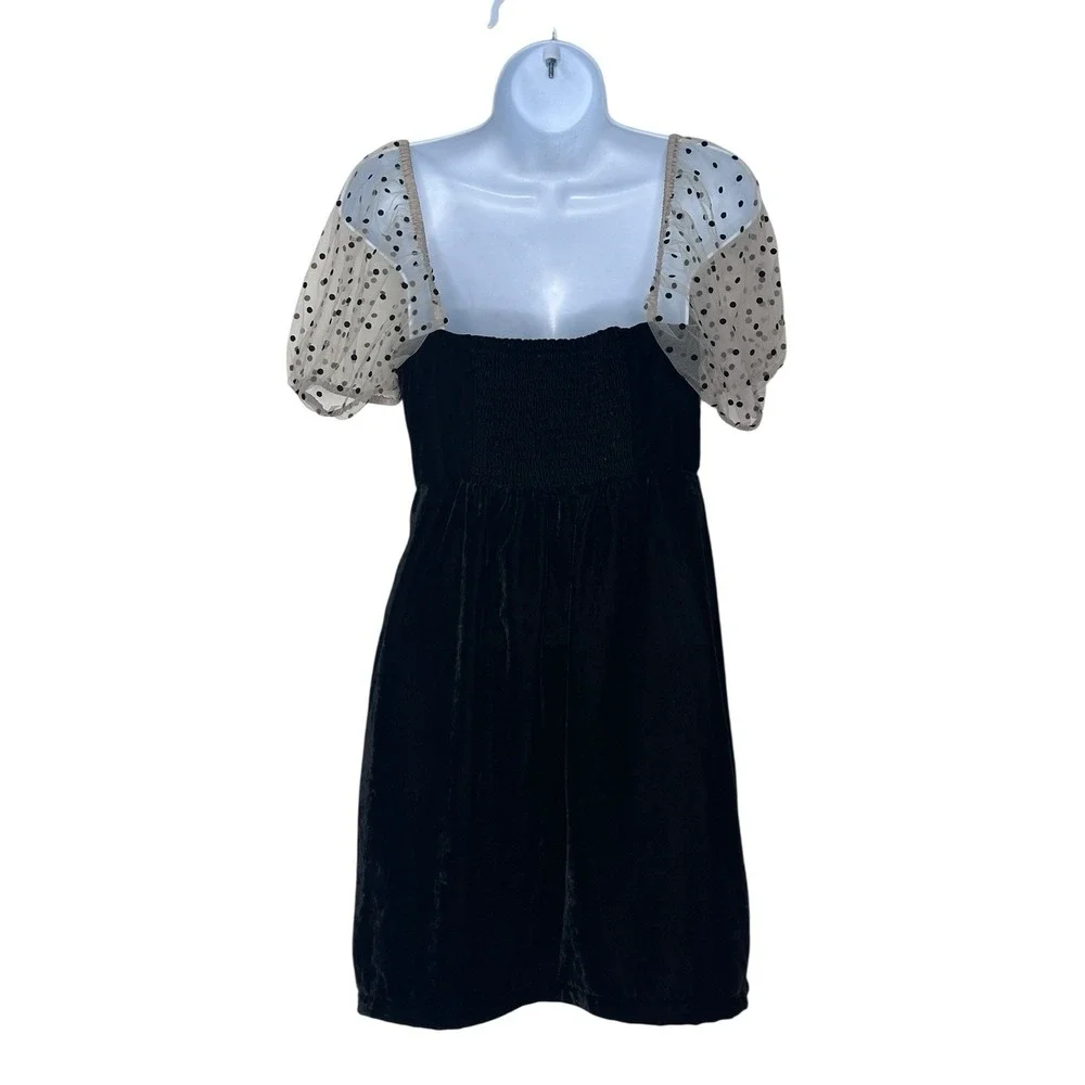 Camila Coelho Heirloom Velvet Tulle Puff Sleeve Flocked Dot Dress Black SMALL S - Picture 6 of 10